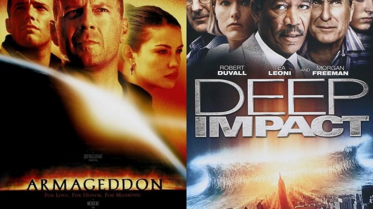 Deep Impact и Armageddon
Астероид/комета се насочва към Земята и сблъсъкът би унищожил всичко живо на планетата, а смел екип от космонавти се запътва геройски да отклони скалната маса от пътя й към бруталния сблъсък. Двата филма ги делят само два месеца като Deep Impact с Морган Фрийман, Робърт Дювал и Илайджа Ууд излиза през май 1998 г., а Armageddon с Брус Уилис, Бен Афлек и Лив Тайлър - през юли, същата година.