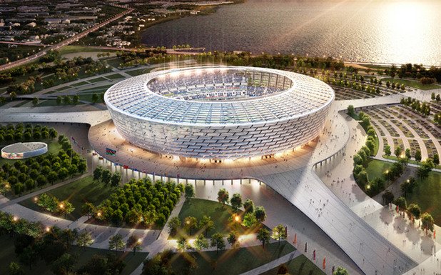 Така ще изглежда Олимпийският стадион в Баку, когато го завършат през март догодина. Азербайджан хвърля милиарди в спорта, като приема и Европейските игри догодина, точно на тази арена. Стадионът е за 69 000, а именно с него и Дания се конкурирахме. Азерите ще приемат 3 мача от груповата фаза и един четвъртфинал.
