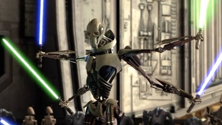 10. Генерал Грийвъс – Грийвъс е киборг, който някога е бил представител на влечугоподобната раса калийш. Той оглавява армиите на Сепаратистите в анимационната поредица "Войните на клонираните" и в "Епизод 3: Отмъщението на ситите". Умее да се дуелира достатъчно добре и е събрал колекция от светлинни мечове на убитите от него джедаи. Намира смъртта си в битка с Оби-Уан Кеноби.
Грийвъс е един вид намигане към феновете, тъй като подобно на Дарт Вейдър в него са съчетани живи органи с кибер-крайници. За съжаление, късното му представяне в едва третия филм от прикуъл трилогията не позволява на зрителите да го опознаят и да осъзнаят каква заплаха всъщност е той. За това не спомагат особено и появите му в CGI-анимацията "Clone Wars", което го праща и на последно място в класацията. Много по-добре Грийвъс е представен в кратките анимационните епизоди "The Clone Wars" на продуцента Дженди Тартаковски, но те вече не са част от официалния канон на поредицата.