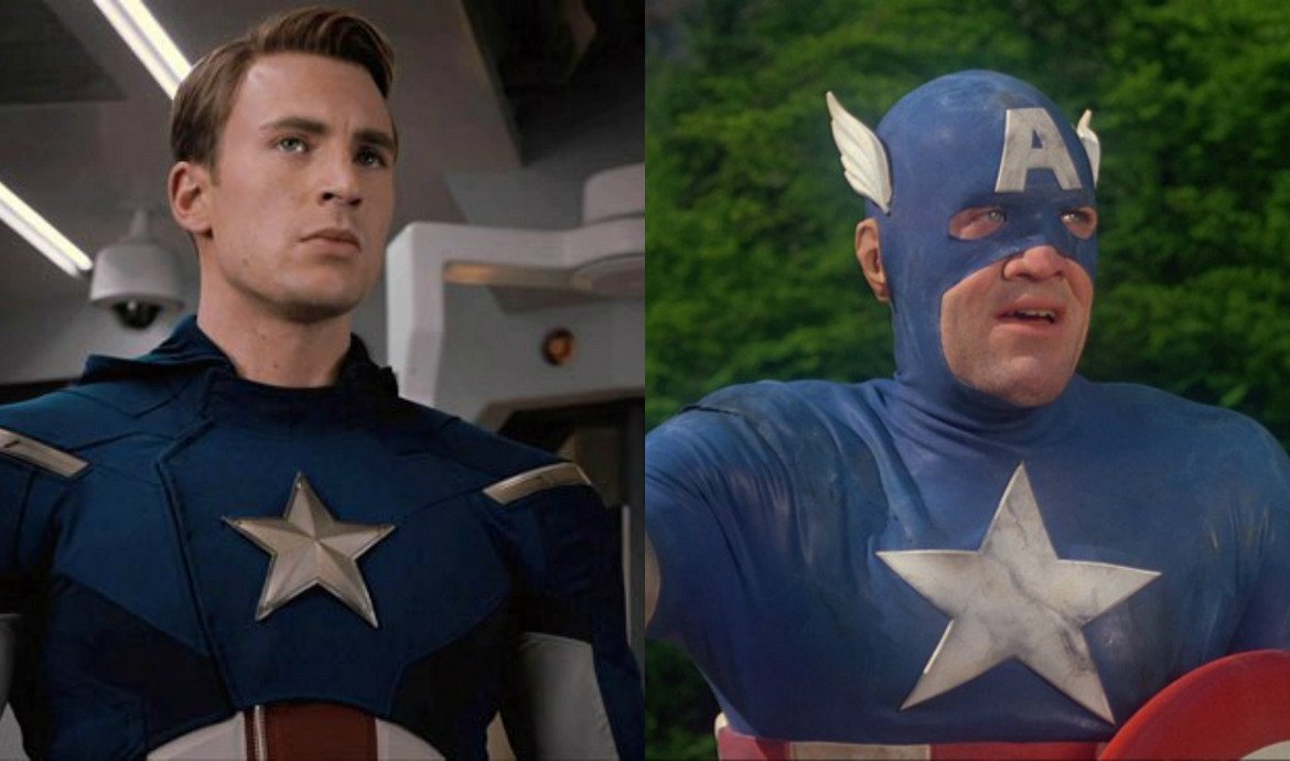 Крис Еванс е лицето, с което сме свикнали да свързваме Капитан Америка от първата му поява през 2011 г. Преди него обаче Мат Селинджър прави опит да влезе в костюма на супергероя с филм от 1990 г. Открийте разликите...