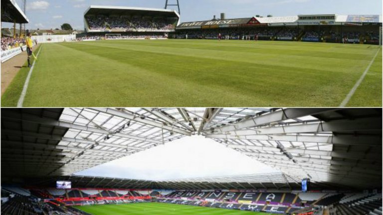 Суонзи ("Веч Фийлд" и "Либърти стейдиъм")
Когато е основана Висшата лига уелският тим е в третото ниво и играе на "Веч". "Либърти стейдиъм" бе открит през 2005 г., а контрастът между двете съоръжения е голям.
