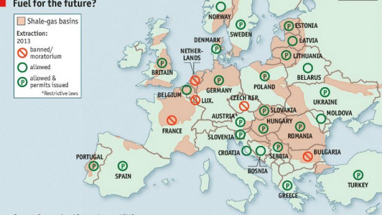Карта на режима за проучване и добив на шистов газ в отделните държави