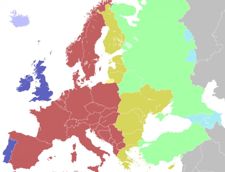 Карта с часовите зони в Европа