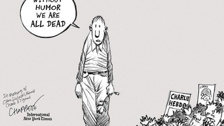 "Без хумор всички сме мъртви", пише карикатуристът Патрик Чапат след разстрела на колегите си от Charlie Hebdo. Няколко години по-късно NYT доброволно реши да се откаже от платформата за публикуване на политически карикатури.
