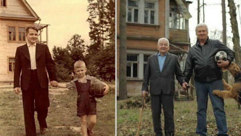 Баща, син и топка, 1949 г. (л.) и 2009 г. (д.)
