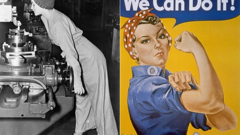 Вдясно: плакатът на Джей Хауърд Милър "Можем да го направим", произведен за Westinghouse. 

Вляво: Снимката на Норма Паркър Фрейли от 1942 г., за която се смята, че е първообраз на Милър