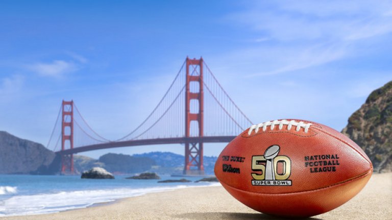 Супербоул 50 - символът на големия мач, разбира се, е прочутият мост Голдън гейт. Мястото - Санта Клара, Калифорния.