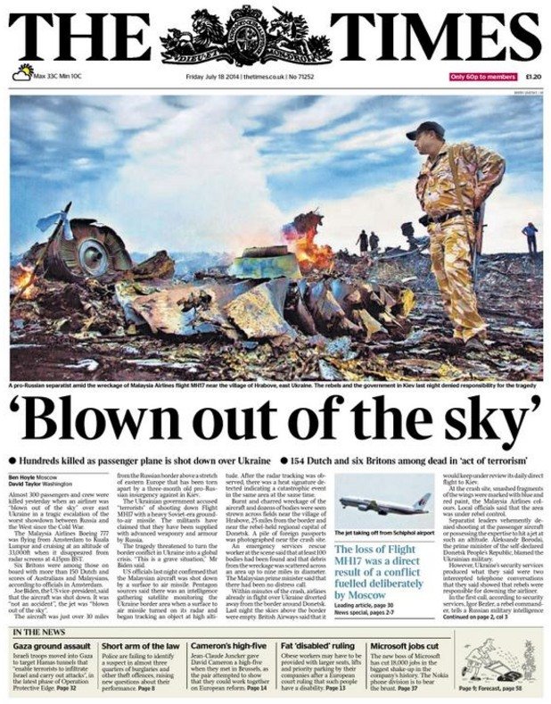 "Взривен от нищото" (игра на думи: на английски идиомът "от нищото" използва думата "небе", out of the sky)  The Times