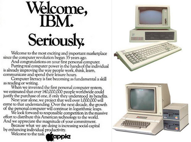 Реклама на Apple от 1981g., в която те посрещат IBM на пазара и им се подиграват, че толкова късно са навлезли в бизнеса с персонални компютри.