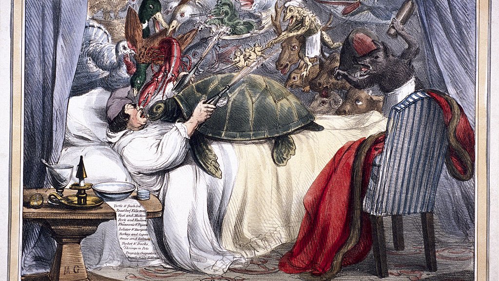 'Fatal effects of gluttony, a Lord Mayor's Day night mare', 1830. Artist: Anon