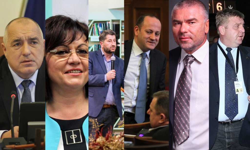 Колаж, партийни лидери, Радан Кънев, Корнелия Нинова, Бойко Борисов, Христо Иванов, Веселин Марешки,