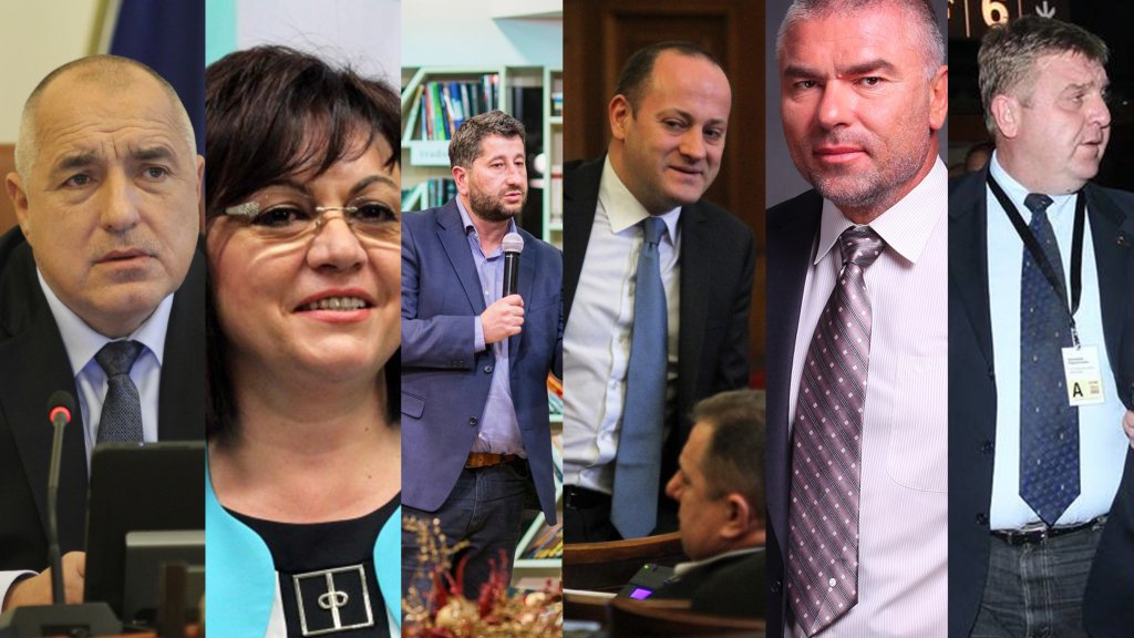 Колаж, партийни лидери, Радан Кънев, Корнелия Нинова, Бойко Борисов, Христо Иванов, Веселин Марешки,
