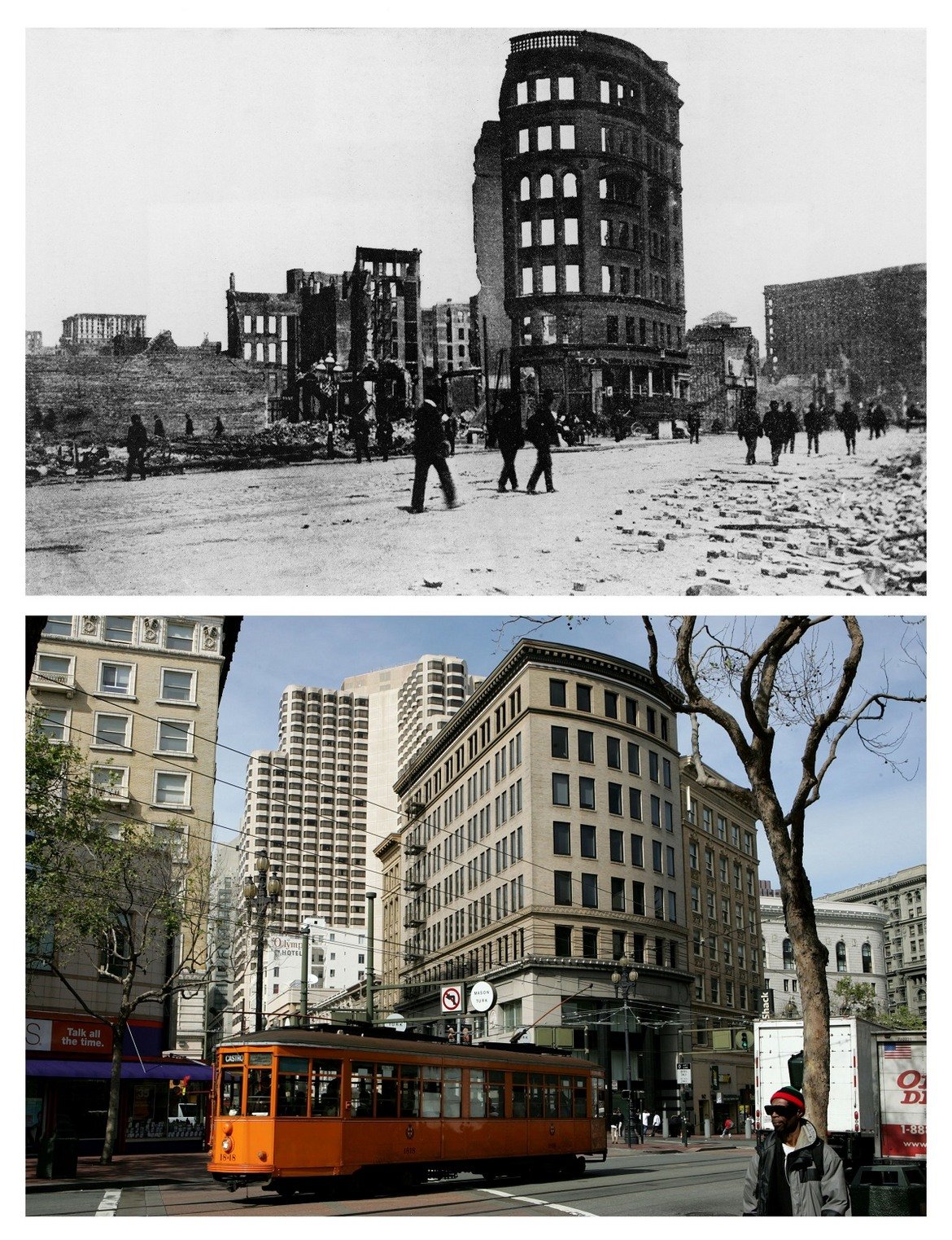 1. Преди и след земетресението: Пазарната улица на улица "Мейсън" през 1906 и 2006 г.