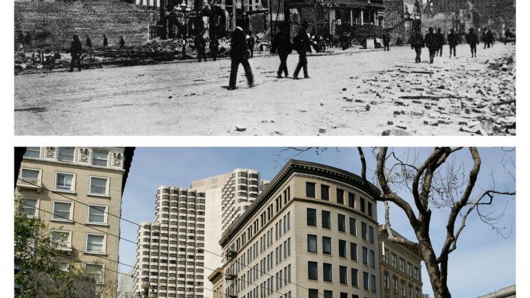 1. Преди и след земетресението: Пазарната улица на улица "Мейсън" през 1906 и 2006 г.