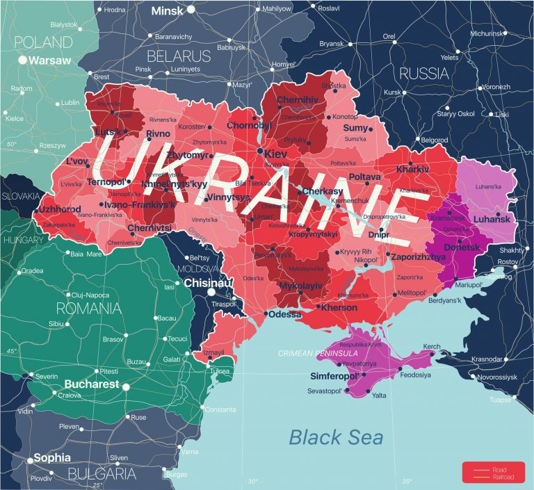 Карта на Украйна. Областите в Лилаво са оспоравани от Русия и проруските сепаратисти. 
