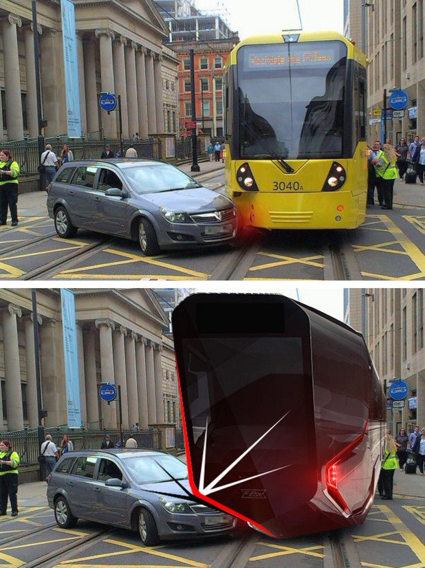 А ето какво се случва, ако "обикновен" трамвай блъсне кола - щетите ще са по-малко