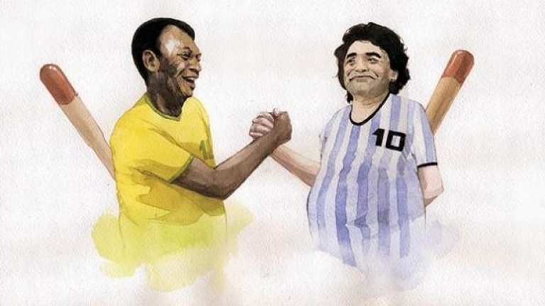 В тази карикатура на руския художник Дмитрий Ребус Ларин отлично са показани сложните взаимоотношения между Пеле и Марадона, породени от спора кой е най-великият футболист, играл някога
