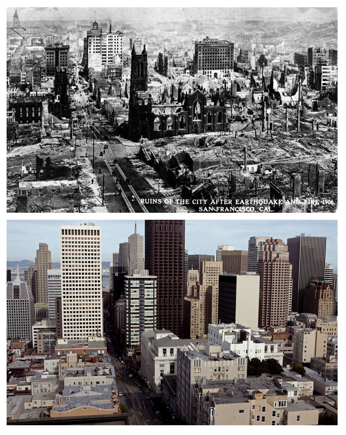 2. Преди и след земетресението: Улица "Калифорния" през 1906 и 2006 г. На мястото на хотела "Ритц Карлтън" някога е имало църква.
