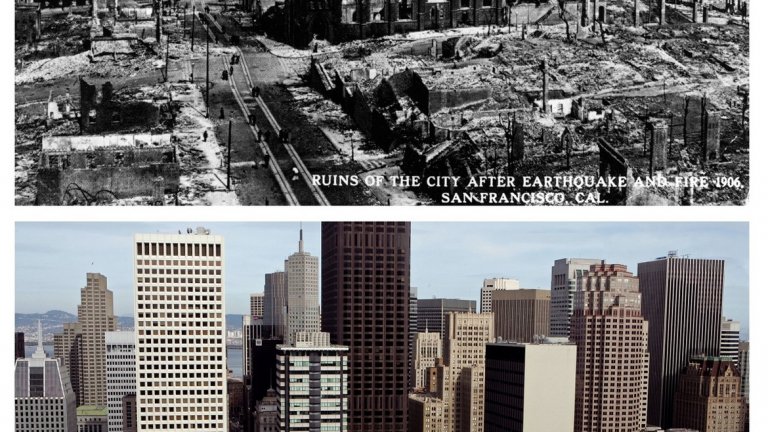 2. Преди и след земетресението: Улица "Калифорния" през 1906 и 2006 г. На мястото на хотела "Ритц Карлтън" някога е имало църква.