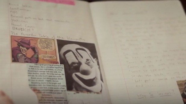 Дневникът е пълен с изображения на карти за игра с жокер и сцени от комиксите за Батман