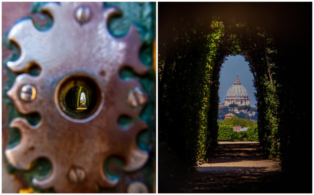 Авентинската ключалка
На върха на Авентинския хълм – или около 20-тина минути пеша от Колизеума, се намира манастир на Ордена на малтийските рицари. Вратата на входа има доста голяма ключалка, през която се открива страхотна гледка към купола на базиликата „Св. Петър“ във Ватикана. Пейзажът се допълва от свежата зеленина на двора на манастира и е страхотен начин да видиш Рим под различен ъгъл.
Тъй като сме в изключително популярен град – не очаквайте пред ключалката да няма никого. Малко по-надолу по улицата по хълма обаче има идеално място за почивка – Градината на портокалите, която има панорамна тераса към Ватикана и централната част на Рим.