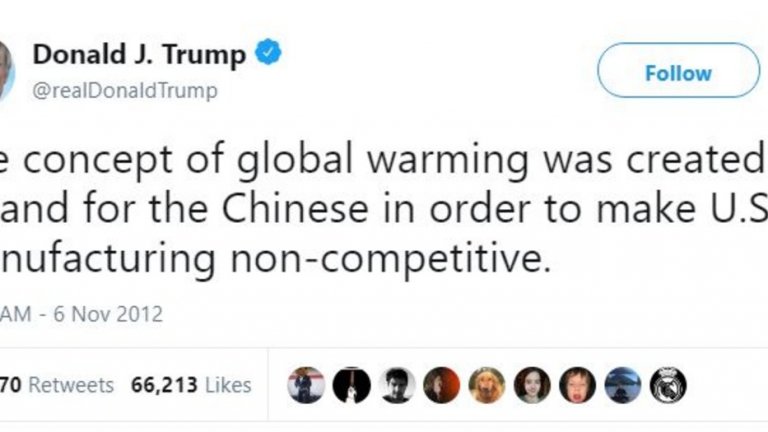 2. Доналд Тръмп

През 2012/2013-а в свои туитове Тръмп определя глобалното затопляне като "много скъпа глупост". Според него то е измислено от Китай, за да нанесе щети на американските производители. Години по-късно милиардерът вече е президент на САЩ като продължава да следва тази линия на мислене. Изкара САЩ от Парижкото споразумение относно изменението на климата, а сега започна и търговска война с Китай, за да "предпази" американския бизнес.
